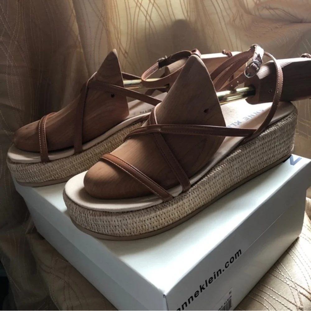 Anne Klein Verano iflex brown‎ beige espadrille wedge Sandals 9.5 New